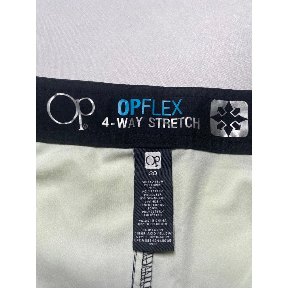 Ocean Pacific OP Mens Board Shorts Acid Yellow Grey Geometric 4-Way Stretch 38